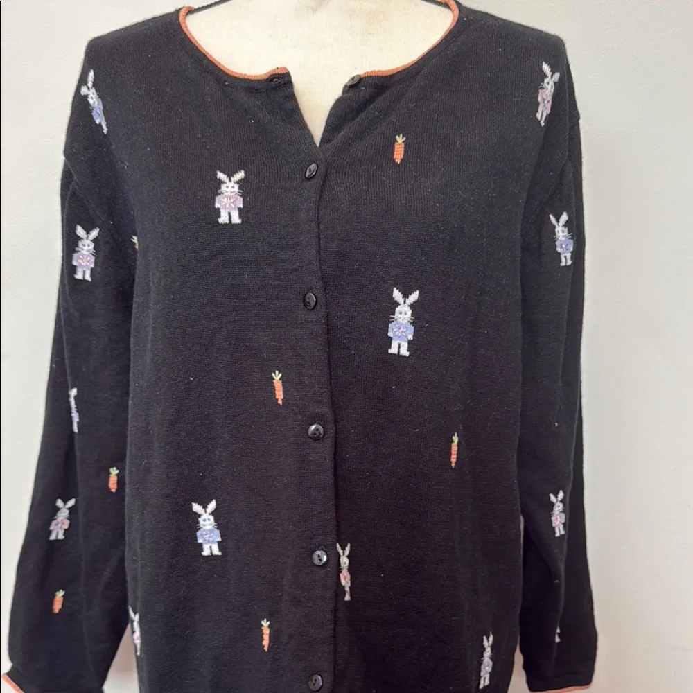 Quacker Factory Black Cardigan with Bunny Embroidery